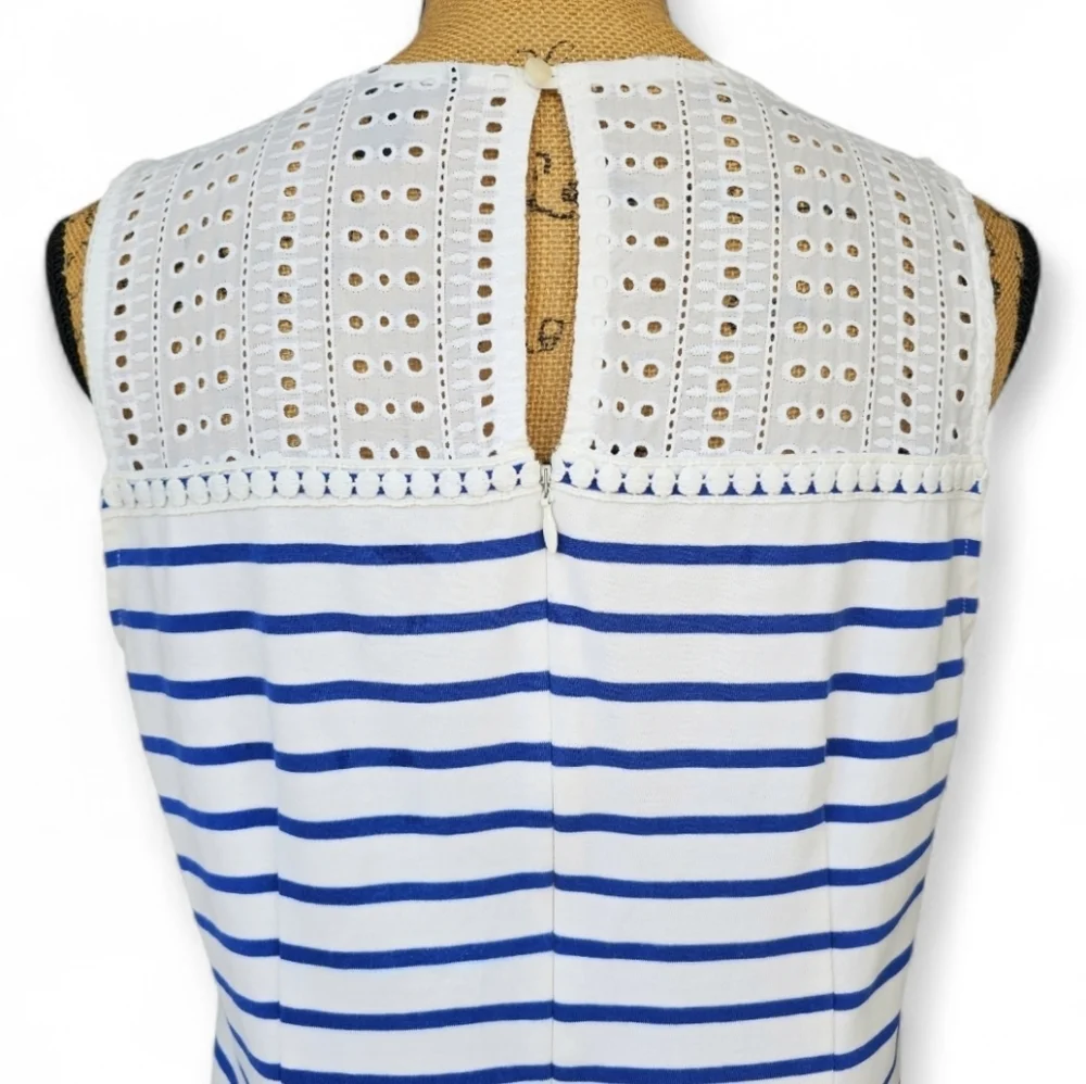 J. Crew Sleeveless Blue and White Striped Cotton Dress With Eyelet Lace Yoke, S